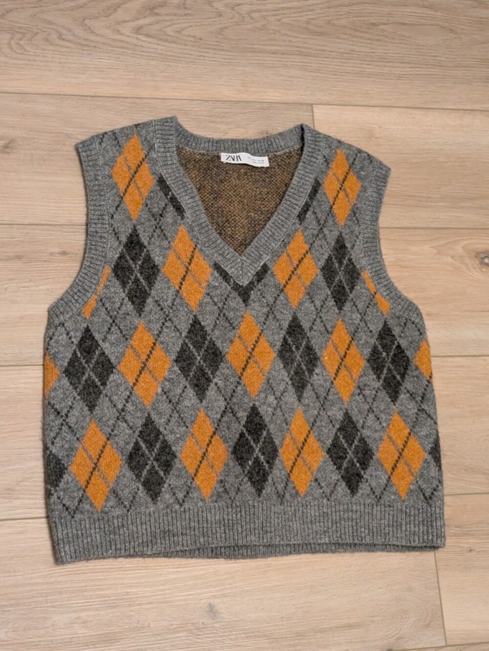 Zara Gray & Mustard Argyle V-Neck Sweater Vest